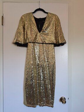 Club L London Gold Sequin Cape Sleeve Midi Dress Size 10